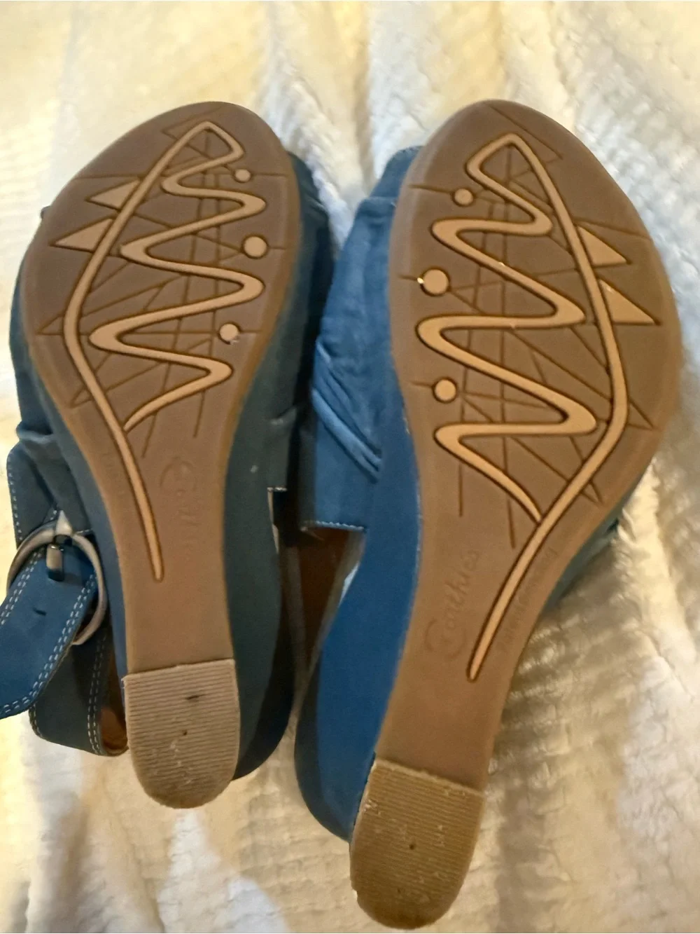 Comfortable Blue and Tan Leather Women’s Wedge Sandals